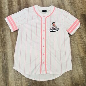 Betty Boop Pink Stripe Button Up Baseball Jersey Pink White Stripe Large